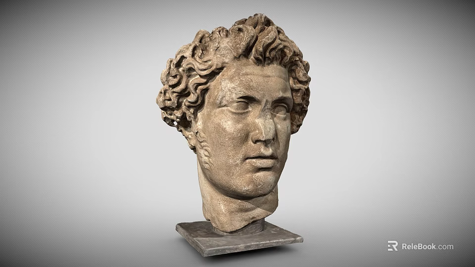 Ancient Marble Head Sculpture With Curly Hair And Detailed Facial Features 3d model 