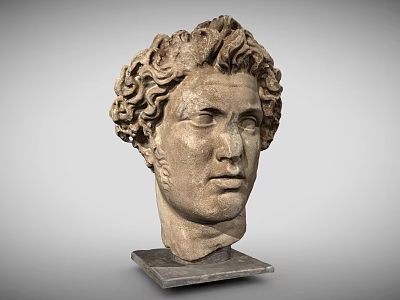 Ancient Marble Head Sculpture With Curly Hair And Detailed Facial Features 3d model