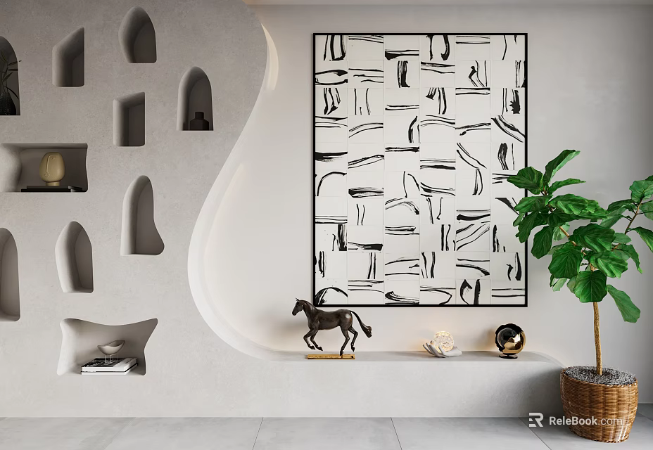 Modern Interior Wall With Abstract Black White Art Niche Shelves And Green Plant Decor 3d model 