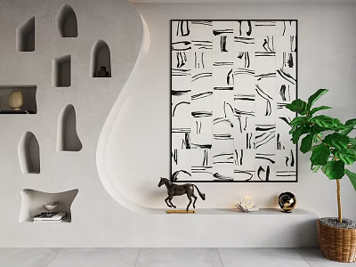 Modern Interior Wall With Abstract Black White Art Niche Shelves And Green Plant Decor 3d model