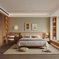 Cozy Natural Bedroom with Wooden Wardrobes Bed Pillows Bedside Lamp and Wall Art