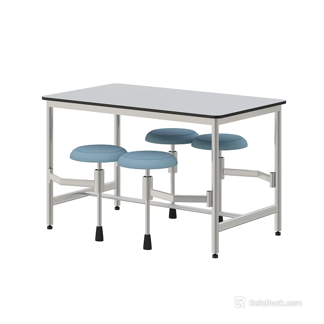 Modern Dining Table With Metal Frame Smooth Tabletop And Four Blue Stools 3d model