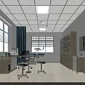 Medical Examination Room Interior With White Walls Ceiling Lights Blue Curtains And Furniture