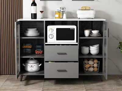 Gray Kitchen Sideboard With Open Shelves Drawers Microwave Wine Bottle Bread And Storage Bowls 3d model