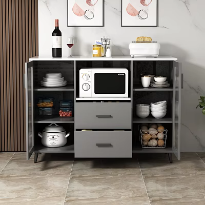 Gray Kitchen Sideboard With Open Shelves Drawers Microwave Wine Bottle Bread And Storage Bowls 3d model