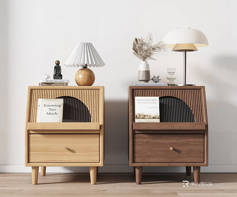 Modern Minimalist Wooden Bedside Tables With Drawer Lamp Books And Vase 3d model 