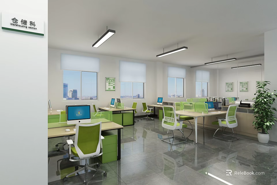 Modern Public Office Space With Open Layout Green Chairs Computers Windows And Plants 3d model