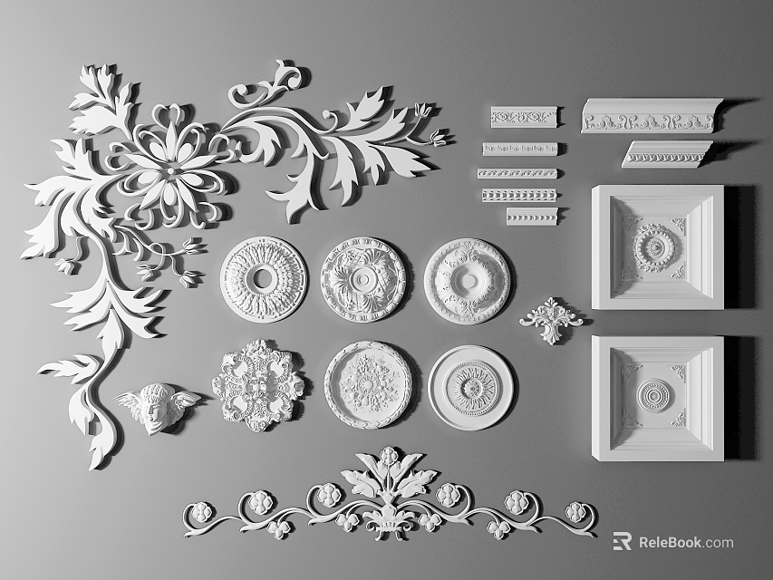 Ornamental Carvings Including Floral Patterns Circular Square Designs And Decorative Elements For Architecture 3d model 