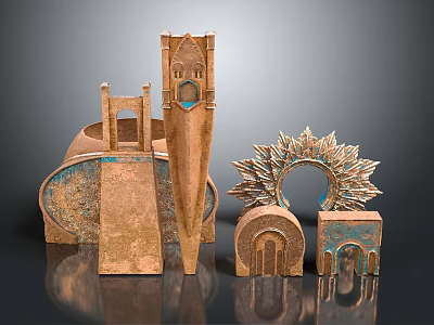 Cartoon Scene Featuring Fantasy Buildings Tall Tower Arch And Copper Blue Decorations 3d model