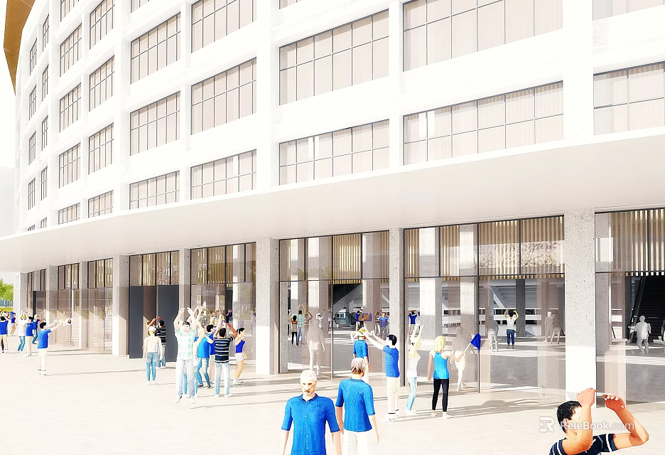Modern White Building Facade With Large Windows People In Blue Clothing Gathering Near Entrance 3d model 