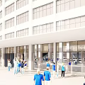 Modern White Building Facade With Large Windows People In Blue Clothing Gathering Near Entrance