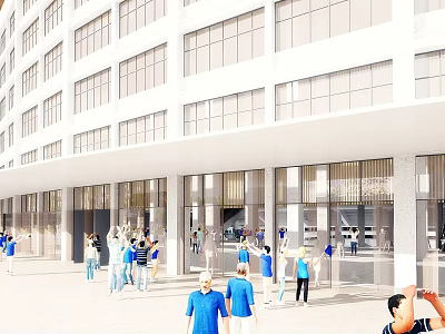 Modern White Building Facade With Large Windows People In Blue Clothing Gathering Near Entrance 3d model