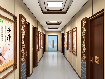 Chinese Style Corridor Interior With Wood Carvings Calligraphy Paintings Doors And Lighting 3d model