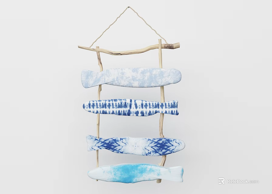 Creative Wooden Branch Wall Hanging With Blue White Tie Dye Fish Decorations 3d model 