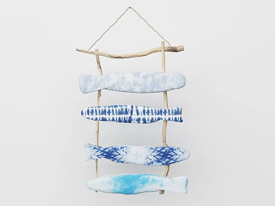 Creative Wooden Branch Wall Hanging With Blue White Tie Dye Fish Decorations 3d model