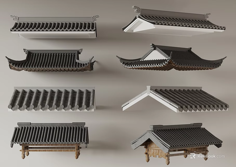 Traditional Chinese Roof Tile Components With Various Styles And Wooden Supports 3d model 