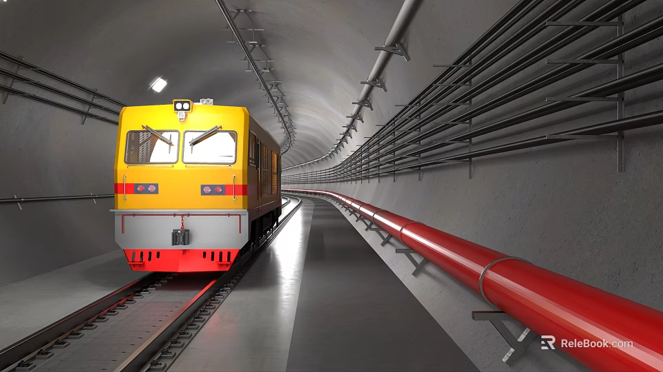 Yellow Train Moving Through Underground Tunnel With Railway Track And Pipes 3d model 