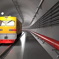 Yellow Train Moving Through Underground Tunnel With Railway Track And Pipes