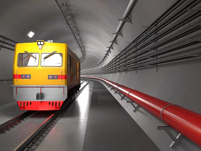 Yellow Train Moving Through Underground Tunnel With Railway Track And Pipes 3d model