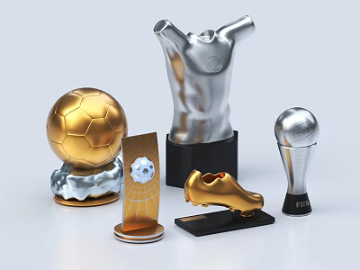 Collection of Sports Trophies Including Golden Soccer Ball Silver Jersey and Football Boot Awards 3d model