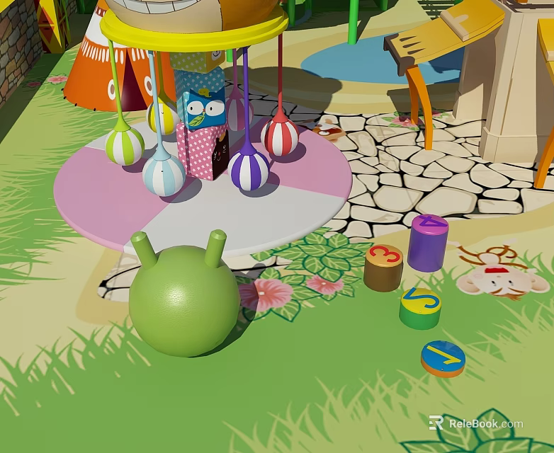Colorful Hanging Playground Equipment With Pink Base And Surrounding Toys In Grass Area 3d model 