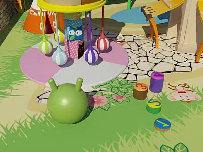 Colorful Hanging Playground Equipment With Pink Base And Surrounding Toys In Grass Area 3d model