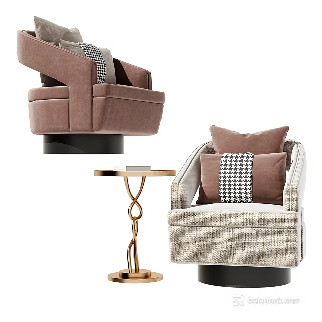Stylish Brown And Gray Single Sofa With Checkered Pillows And Golden Side Table 3d model