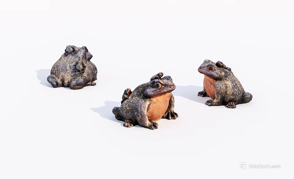 Three Hand Carved Metal Frog Sculptures with Various Poses and Artistic Details 3d model 
