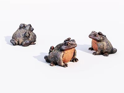 Three Hand Carved Metal Frog Sculptures with Various Poses and Artistic Details 3d model