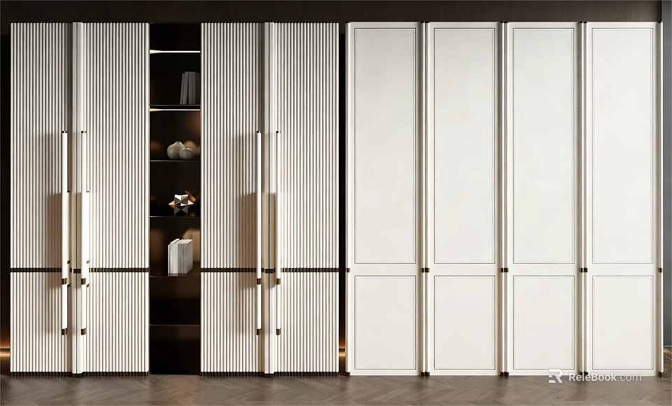 Modern Wardrobe Design With Sliding Doors Striped Panels And Storage Shelves 3d model 