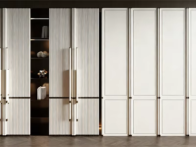 Modern Wardrobe Design With Sliding Doors Striped Panels And Storage Shelves 3d model