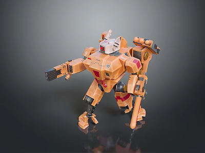 Game Movie Mech Robot Character with Orange Red Armor Arm Cannon Weapons in Combat Stance 3d model