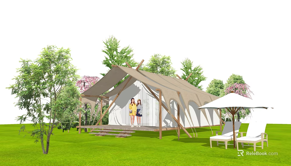 Luxury Glamping Tent Scene With Two People Green Trees And Lounge Chairs 3d model 