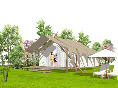 Luxury Glamping Tent Scene With Two People Green Trees And Lounge Chairs 3d model