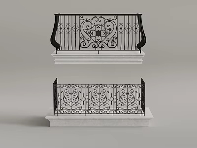 Elegant Wrought Iron Railings with Intricate Decorative Patterns on White Stone Base 3d model