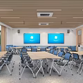 Modern School Classroom Interior With Folding Desks Chairs And Screens