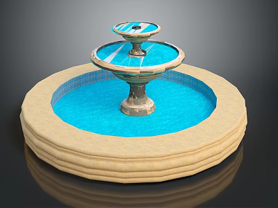 Two Tiered Garden Fountain With Beige Base And Blue Water Pool 3d model