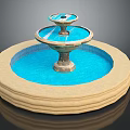 Two Tiered Garden Fountain With Beige Base And Blue Water Pool