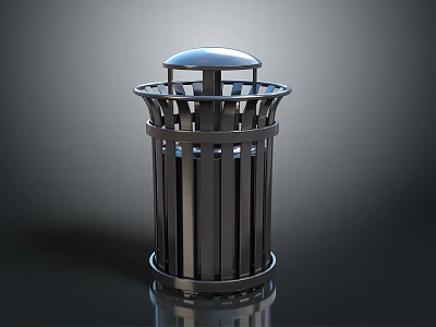 Metal Cylindrical Trash Can With Grille Structure Dome Lid And Reflective Surface 3d model
