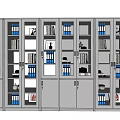Gray Glass Door Bookcases With Books Blue Folders And Decorative Items Interior