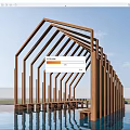 Scenic Modern Wooden Architectural Structure With Arched Columns Over Water Reflection 3d model