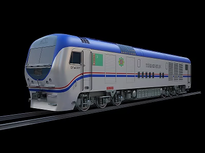 Modern Blue And White Train With Green Logo Diesel Locomotive On Railway Track 3d model