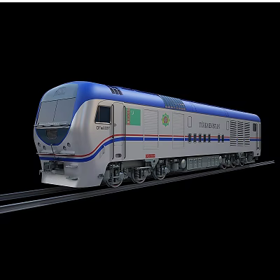 Modern Blue And White Train With Green Logo Diesel Locomotive On Railway Track 3d model