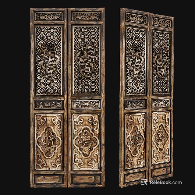 Traditional Chinese Carved Double Doors With Intricate Patterns And Wooden Frame 3d model 