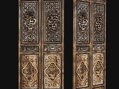 Traditional Chinese Carved Double Doors With Intricate Patterns And Wooden Frame 3d model