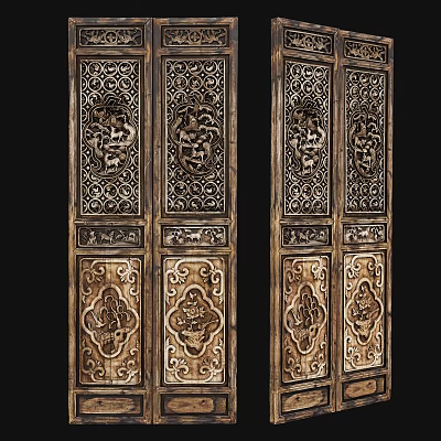 Traditional Chinese Carved Double Doors With Intricate Patterns And Wooden Frame 3d model