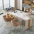 Elegant Tea Table with Marble Top and Gold Frame Comfortable Chairs and Large Windows 3d model