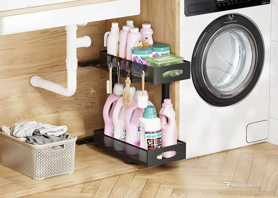 Black Multi Tier Bathroom Storage Rack With Cleaning Supplies Next To Washing Machine 3d model 