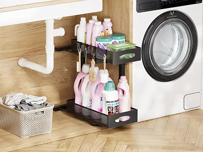 Black Multi Tier Bathroom Storage Rack With Cleaning Supplies Next To Washing Machine 3d model