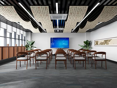 Spacious Classroom Interior With Wooden Desks Chairs Large Screen And Green Plants 3d model